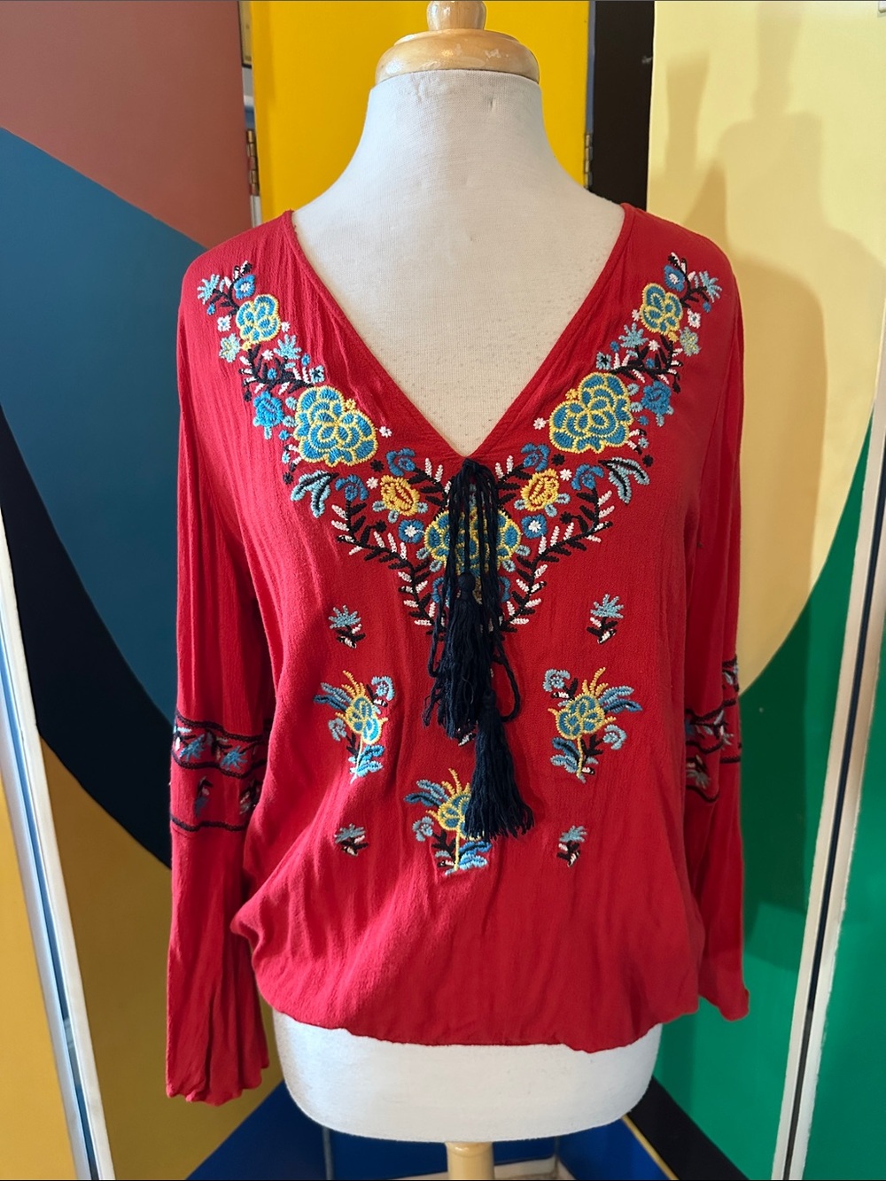 Embroidered V-Neck Red Peasant Tunic with Tassel Tie